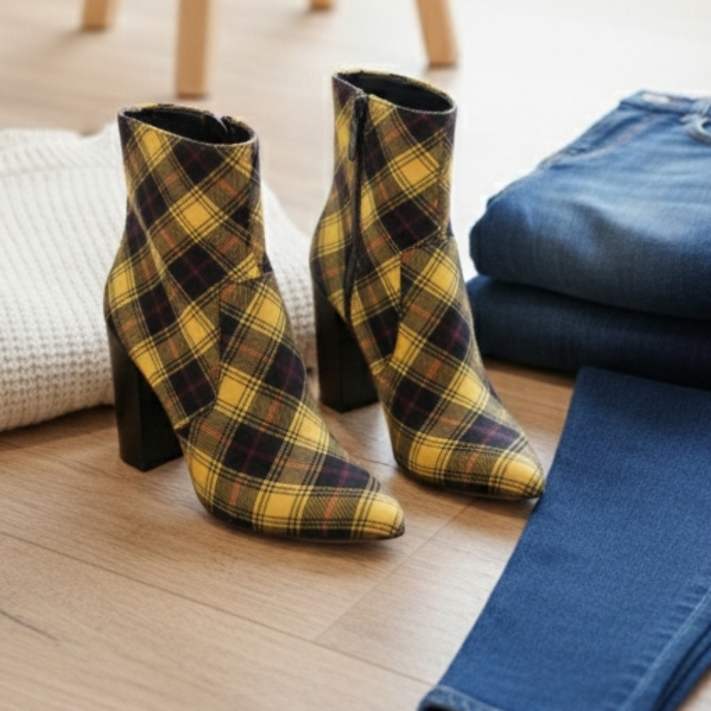 Aldo Women's Lovelee Plaid Yellow/Black Satin Ankle Boots Size 10